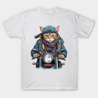 cat wearing a jackets hat and a scarf on a motorcycle T-Shirt